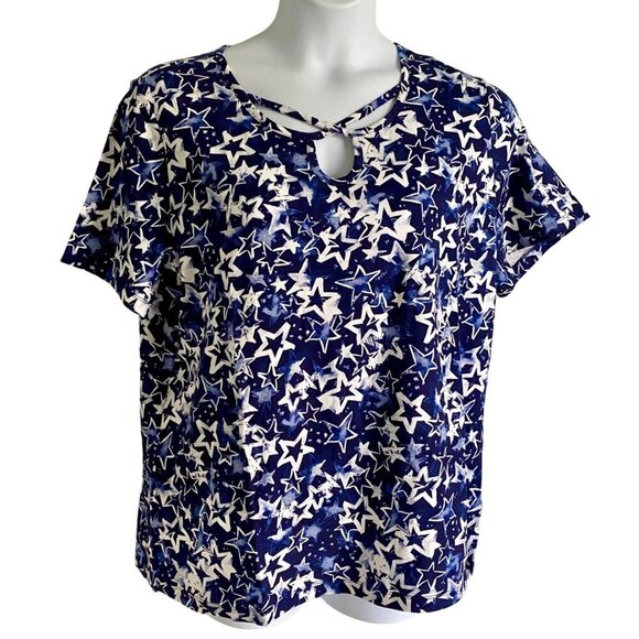 Coral Bay Short Sleeve Pullover Top Blue with Stars Women's 1X NEW - Picture 2 of 10